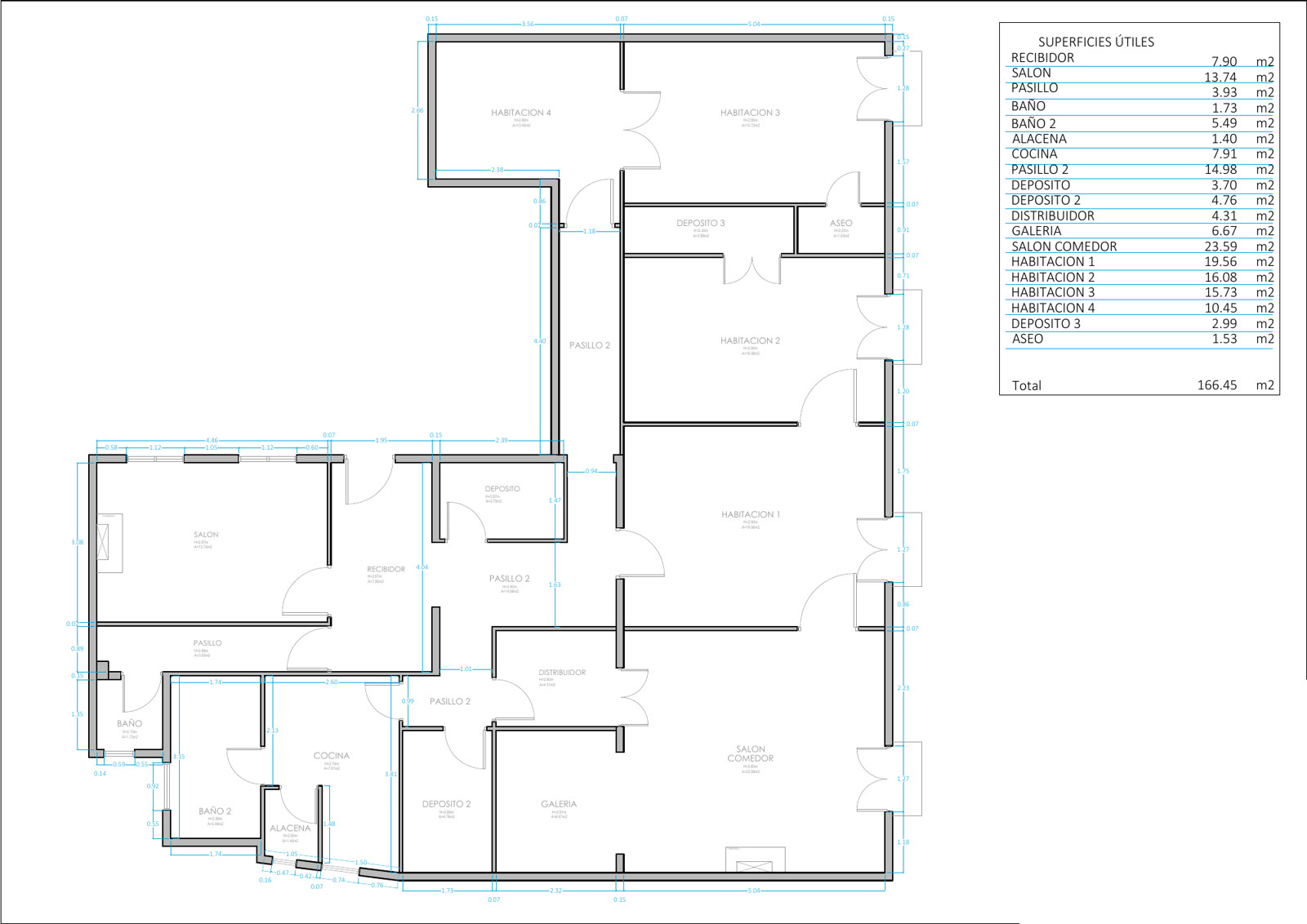 Plano original de la vivienda con la tabla de superficies útiles
