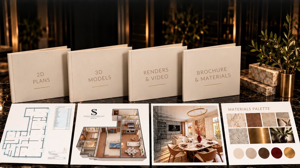 Project folders: 2D plans, 3D models, renders and video, brochure and materials