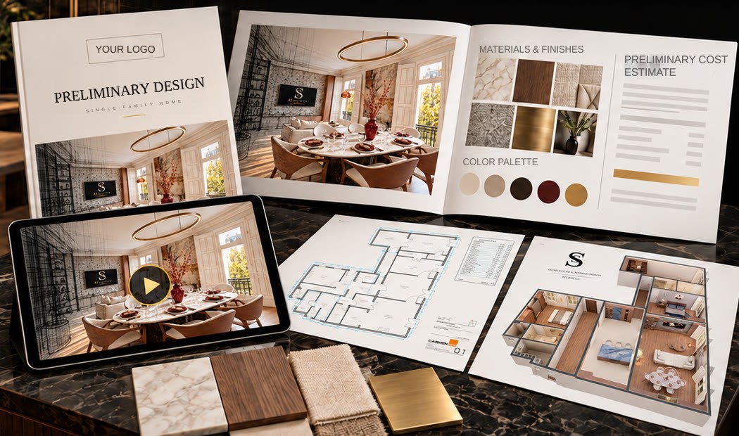 Sample delivery: preliminary design with logo, renders, 2D and 3D plans, video and material samples