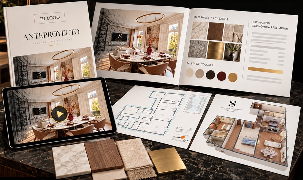 Ejemplo de entrega: anteproyecto con logo, renders, planos 2D y 3D, vídeo y muestras de materiales