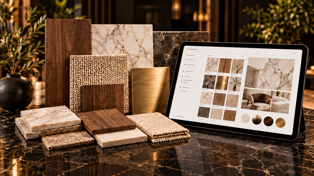 Real material samples and a tablet with the selection per room
