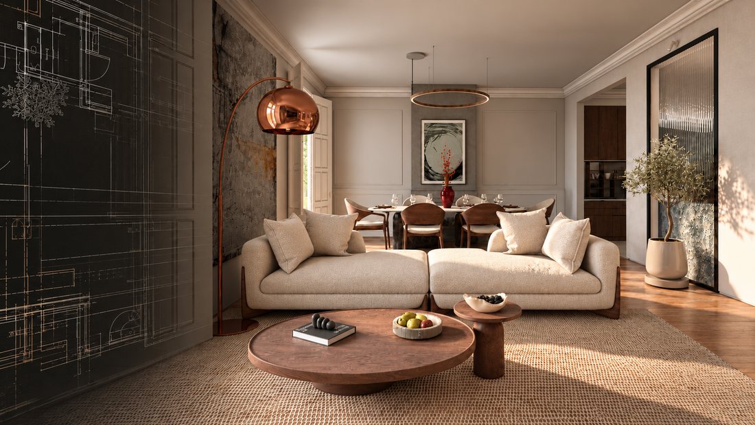Dining room with project plans laid out on the table