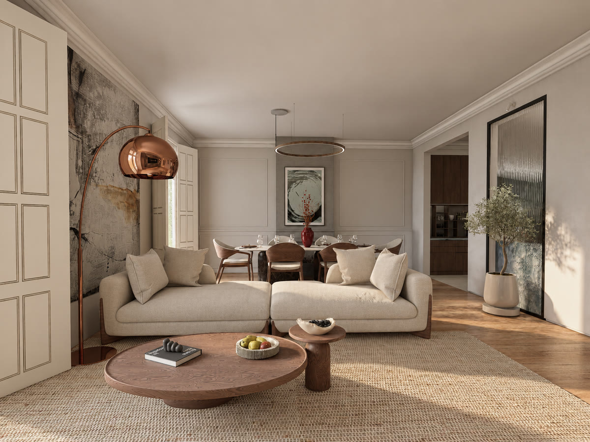 Render: Living room · Dining room