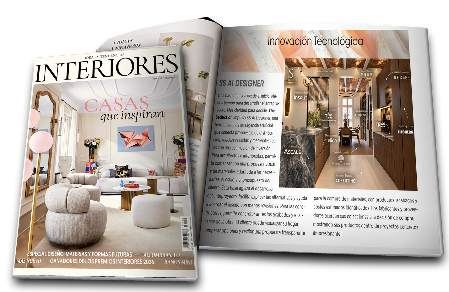 The Interiores magazine open at the article about SS AI Designer in the Premios Interiores: Technological Innovation